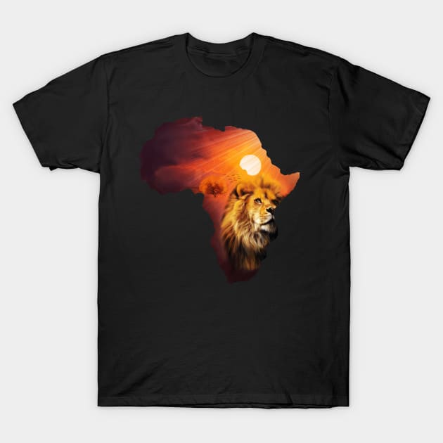 Lion and Africa Map, Sunset Safari, Big Cats T-Shirt by dukito